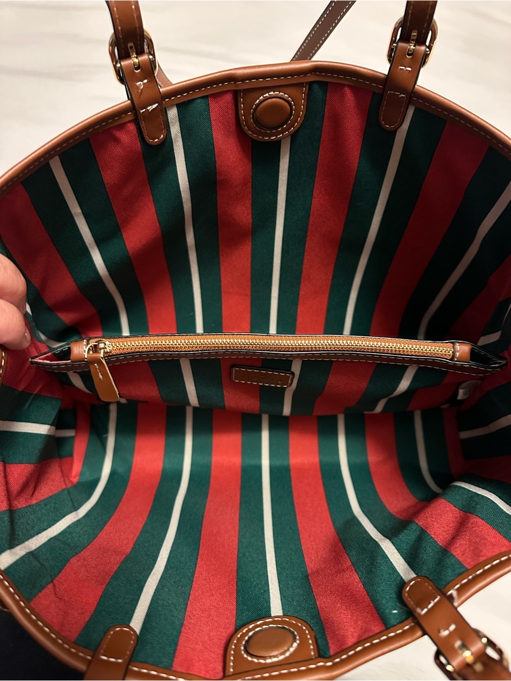 Gucci Beige Monogram Tote with Brown Leather Straps and Red-Green Interior - Picture 4 of 4